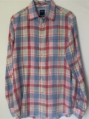 Benson 100% Linen Casual Plaid Button-Down Shirt - Pink Blue Mint Medium Tall